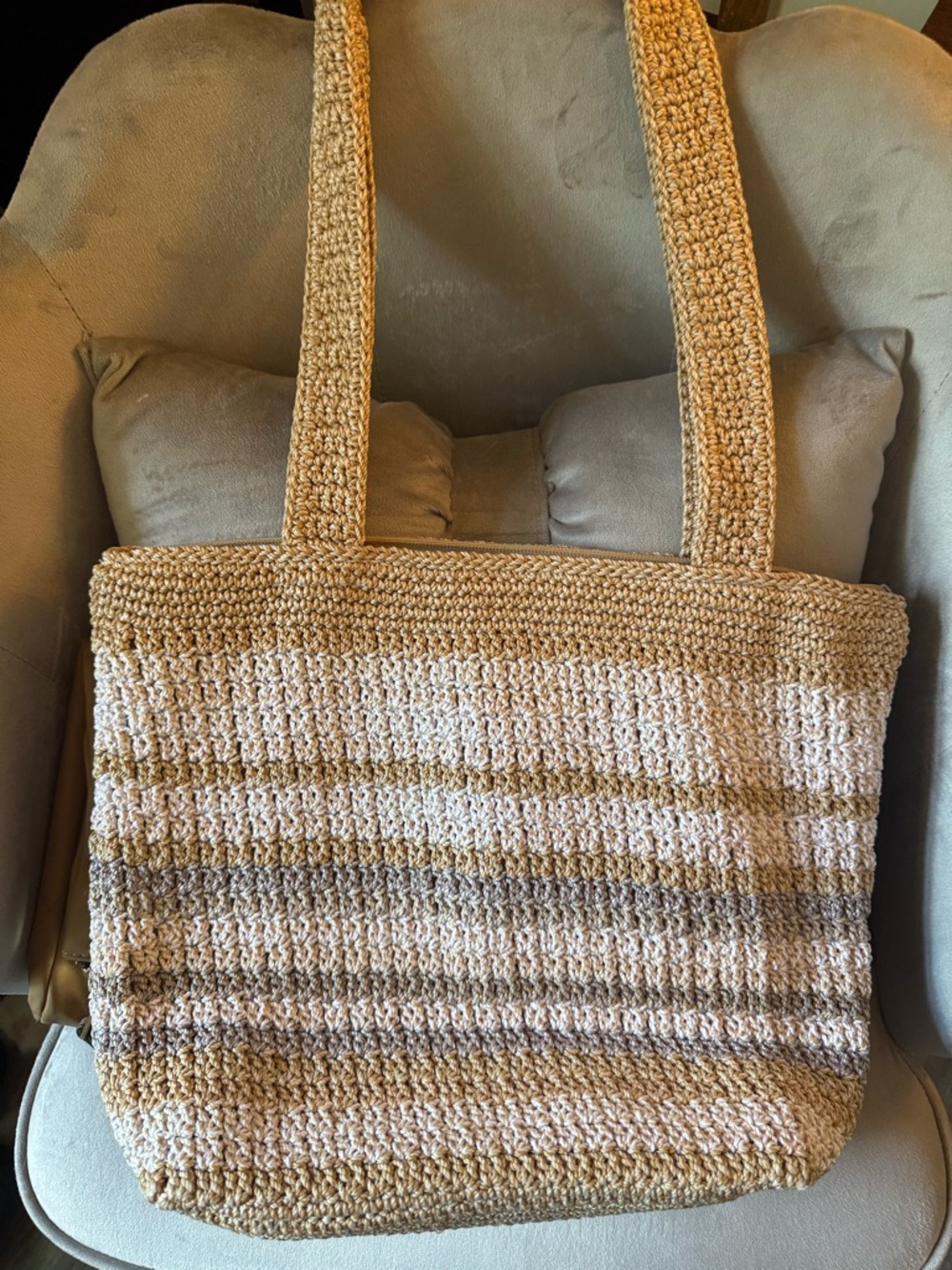 The Sak Crochet Striped Tote in Beige, Tan and Gray